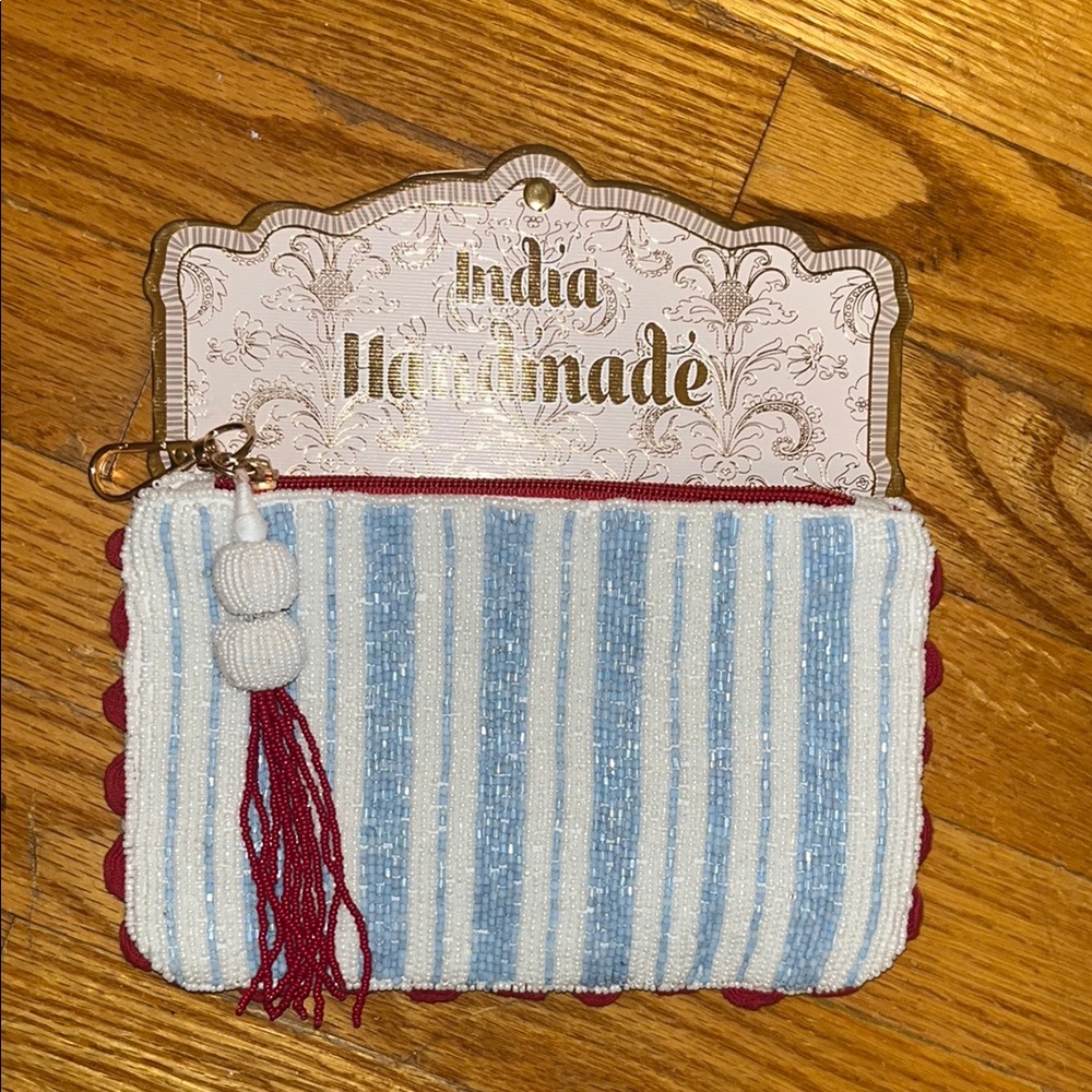 Beaded Striped Pouch - Light Blue & White Stripes with Red Bead Tassel